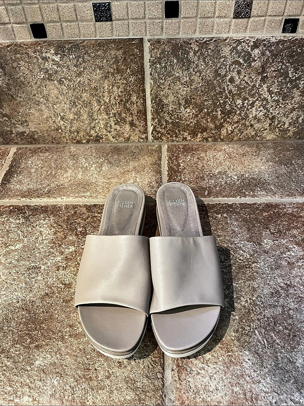 Eileen Fisher Dee Leather Slide Sandal Gray Open Toe Mules